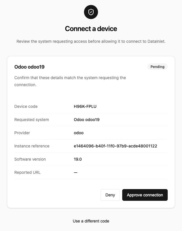 DataInlet reviewing the Odoo 19 database connection request