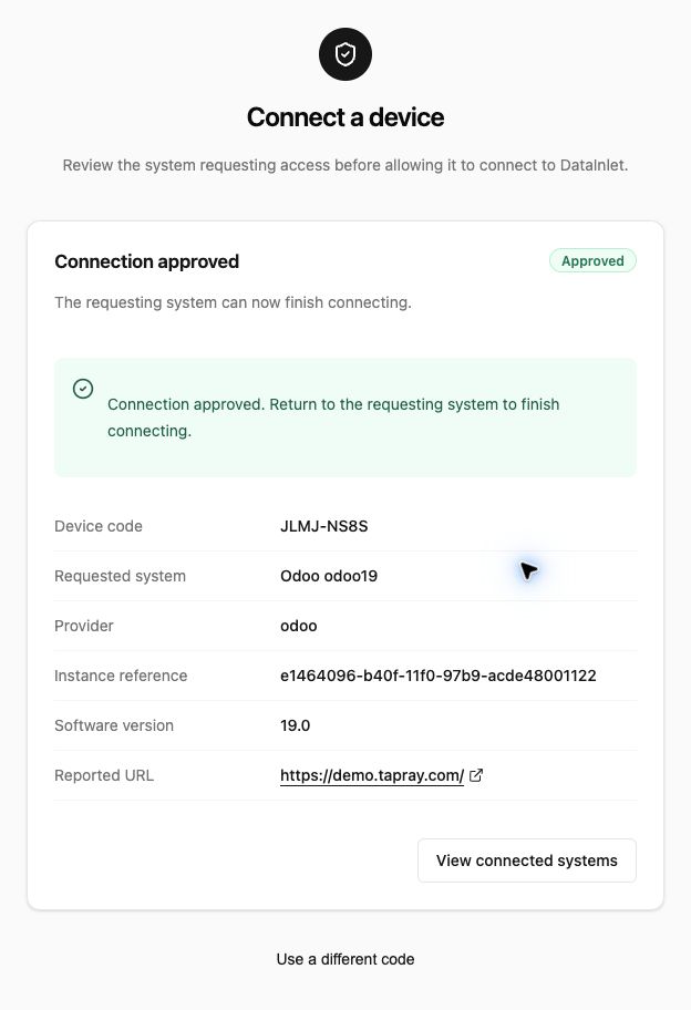 DataInlet approval confirmation asking the user to return to Odoo