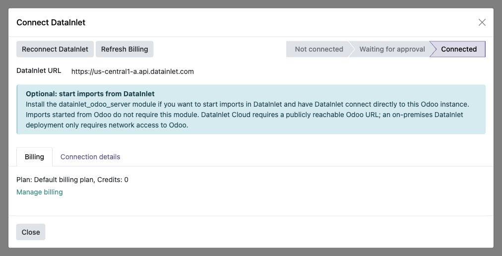 Connected Odoo dialog showing the shared billing plan and credits