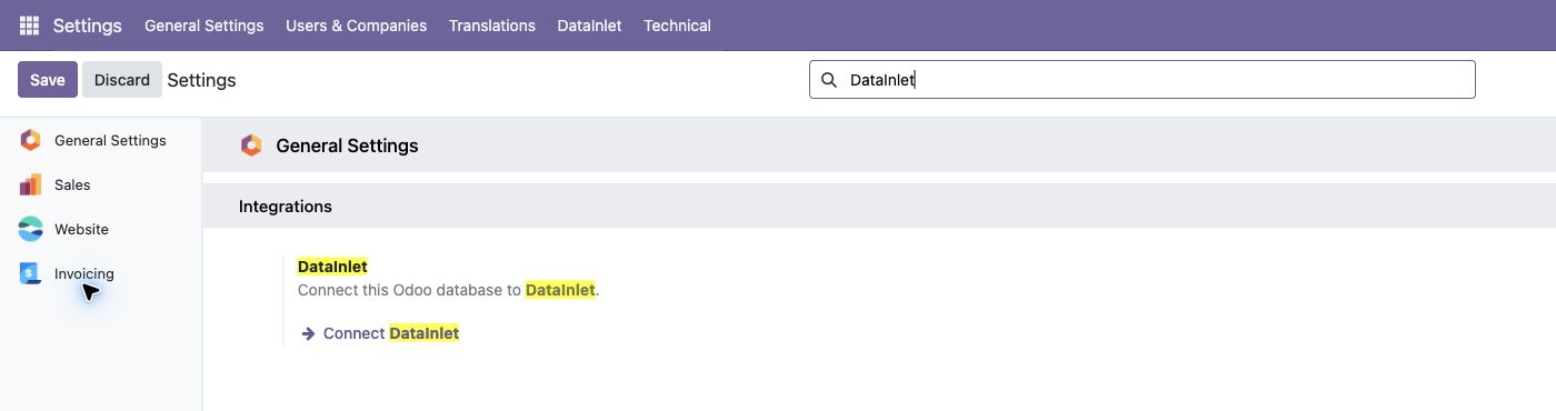 DataInlet connection entry in Odoo General Settings