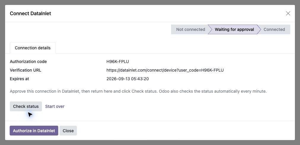Odoo waiting for approval with authorization details and actions