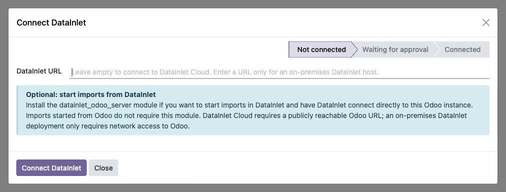 Not connected dialog with an empty DataInlet URL field